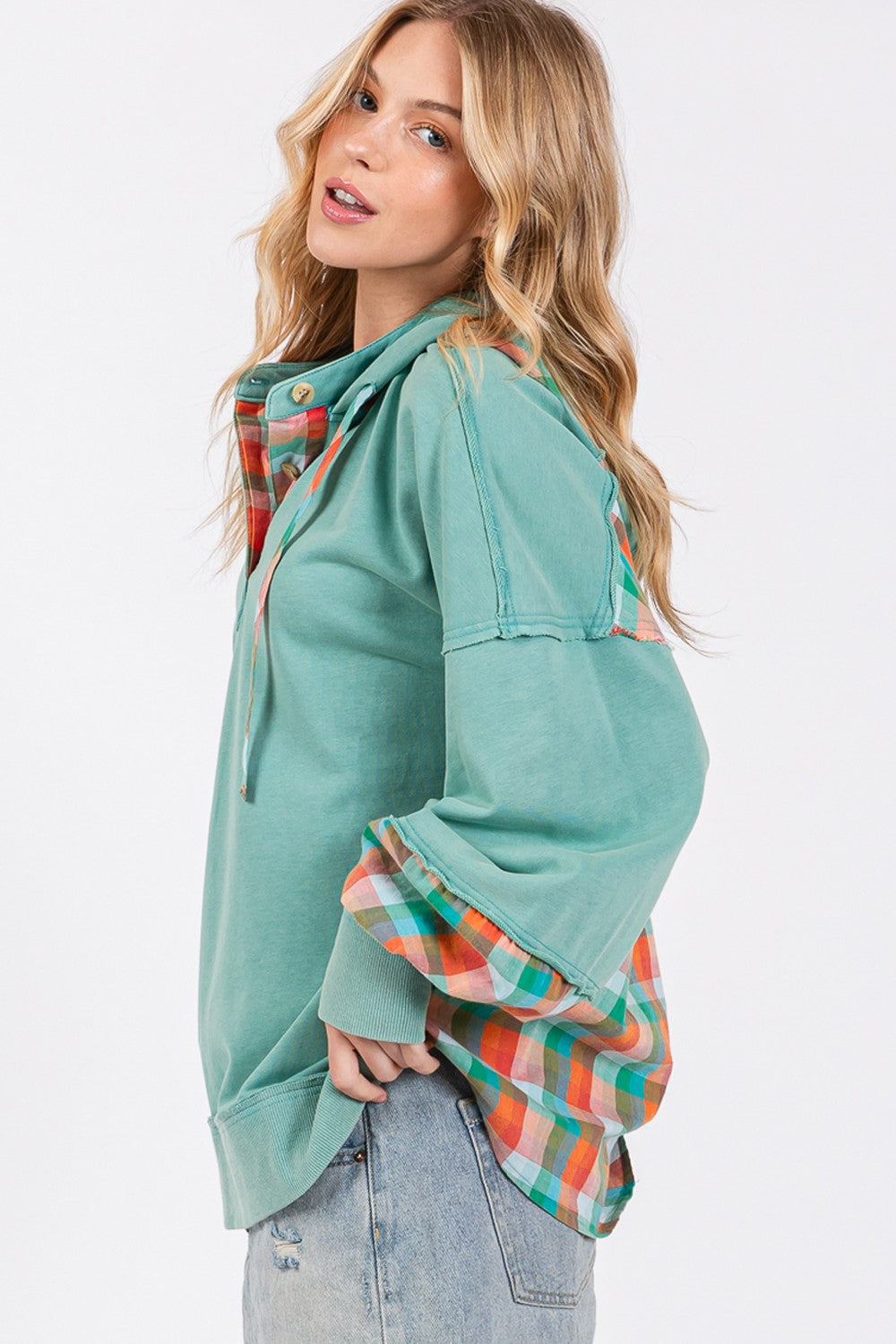 SAGE + FIG Full Size Plaid Print Washed Hoodie SAGE + FIG Full Size Plaid Print Washed Hoodie