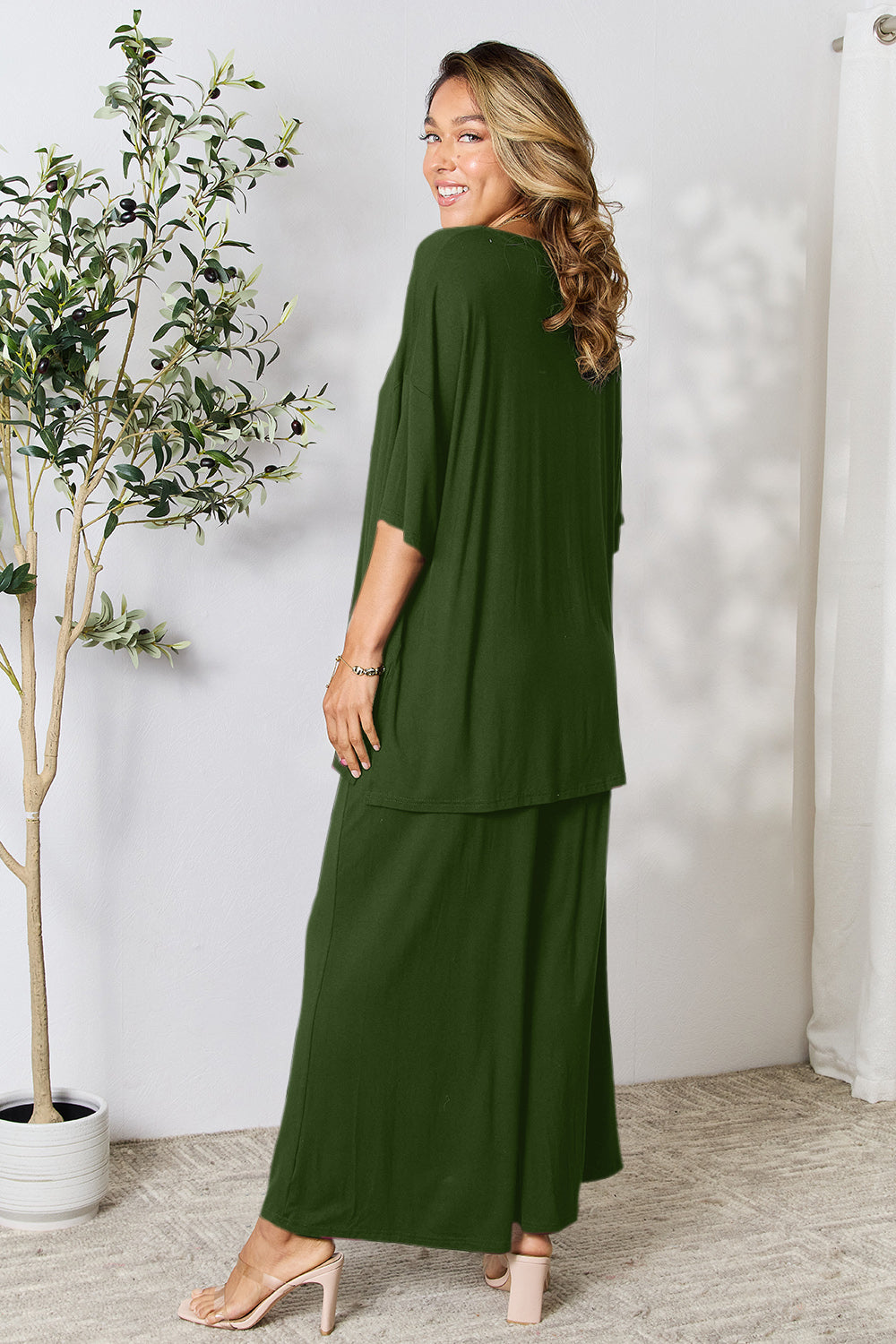 Double Take Full Size Round Neck Slit Top and Pants Set Double Take Full Size Round Neck Slit Top and Pants Set - TopFashionHQ