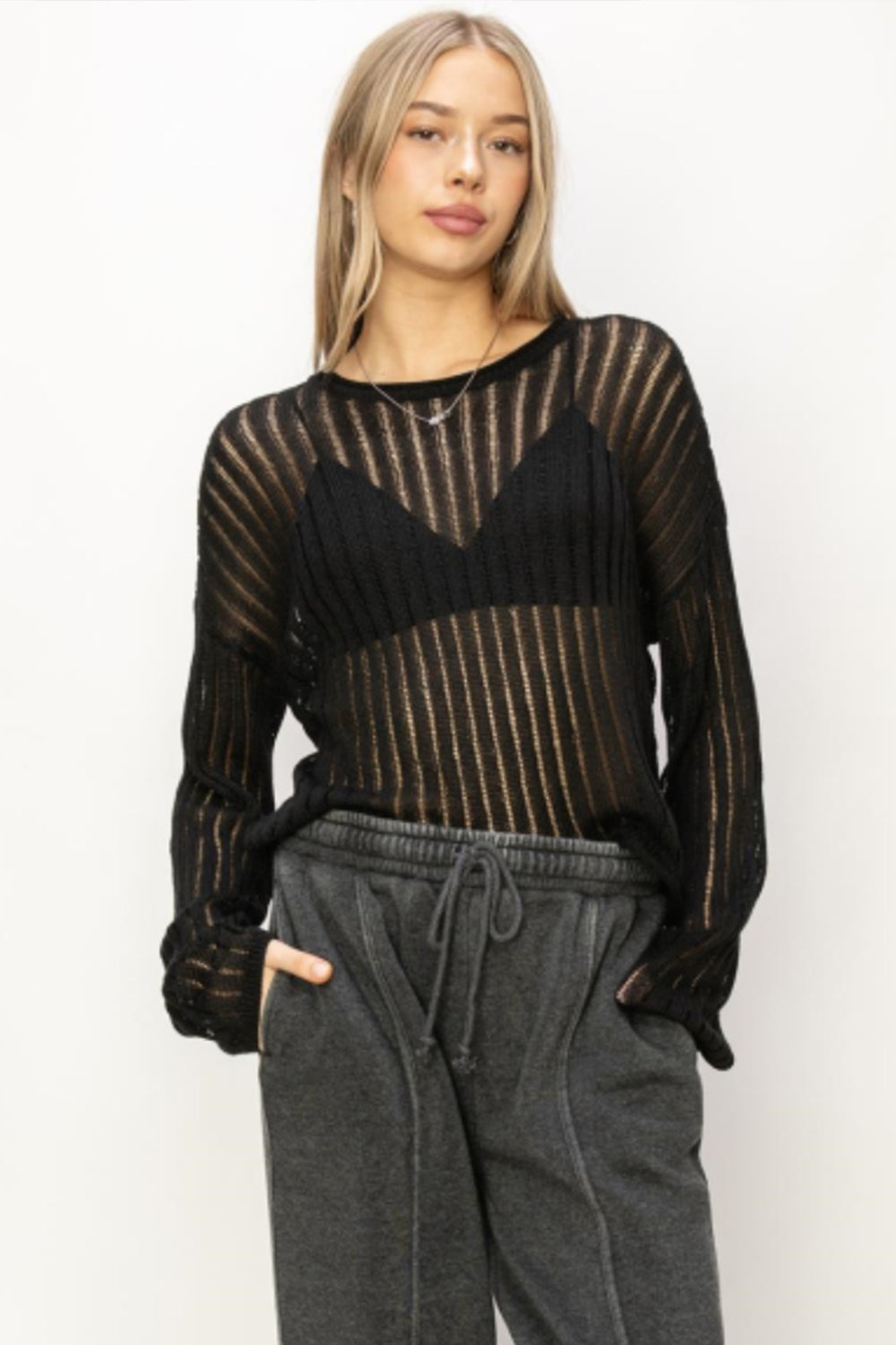 HYFVE Openwork Ribbed Long Sleeve Knit Top HYFVE Openwork Ribbed Long Sleeve Knit Top - TopFashionHQ