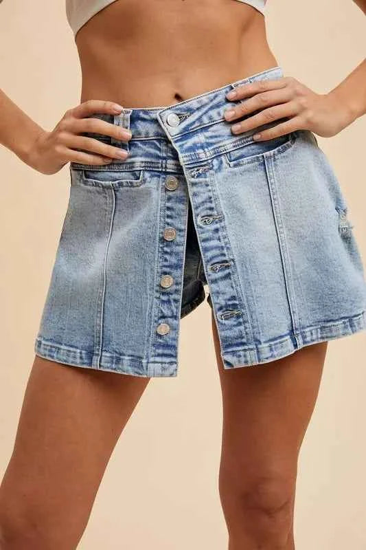Annie Wear Button Detail Stretch Denim Wrap Mini Skort Annie Wear Button Detail Stretch Denim Wrap Mini Skort