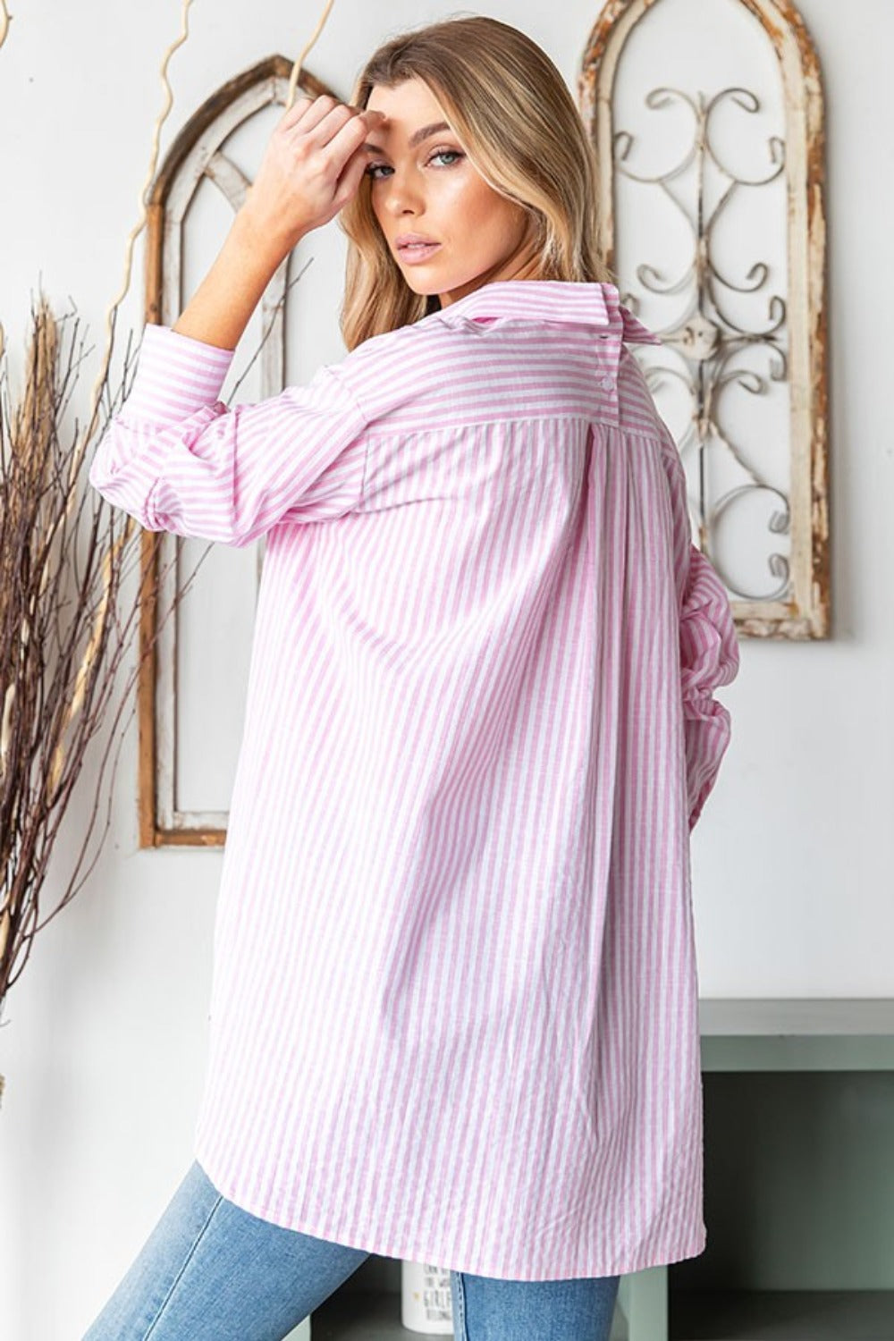 First Love Full Size Striped Button Down High-Low Hem Shirt First Love Full Size Striped Button Down High-Low Hem Shirt - TopFashionHQ