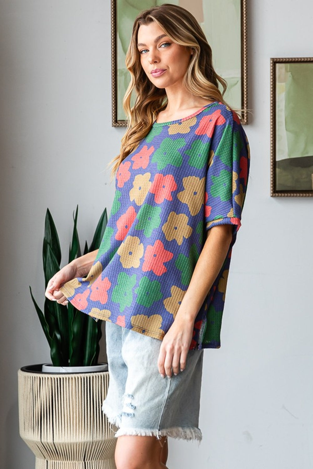 HOPELY Full Size Floral Round Neck Side Slit T-Shirt HOPELY Full Size Floral Round Neck Side Slit T-Shirt - TopFashionHQ
