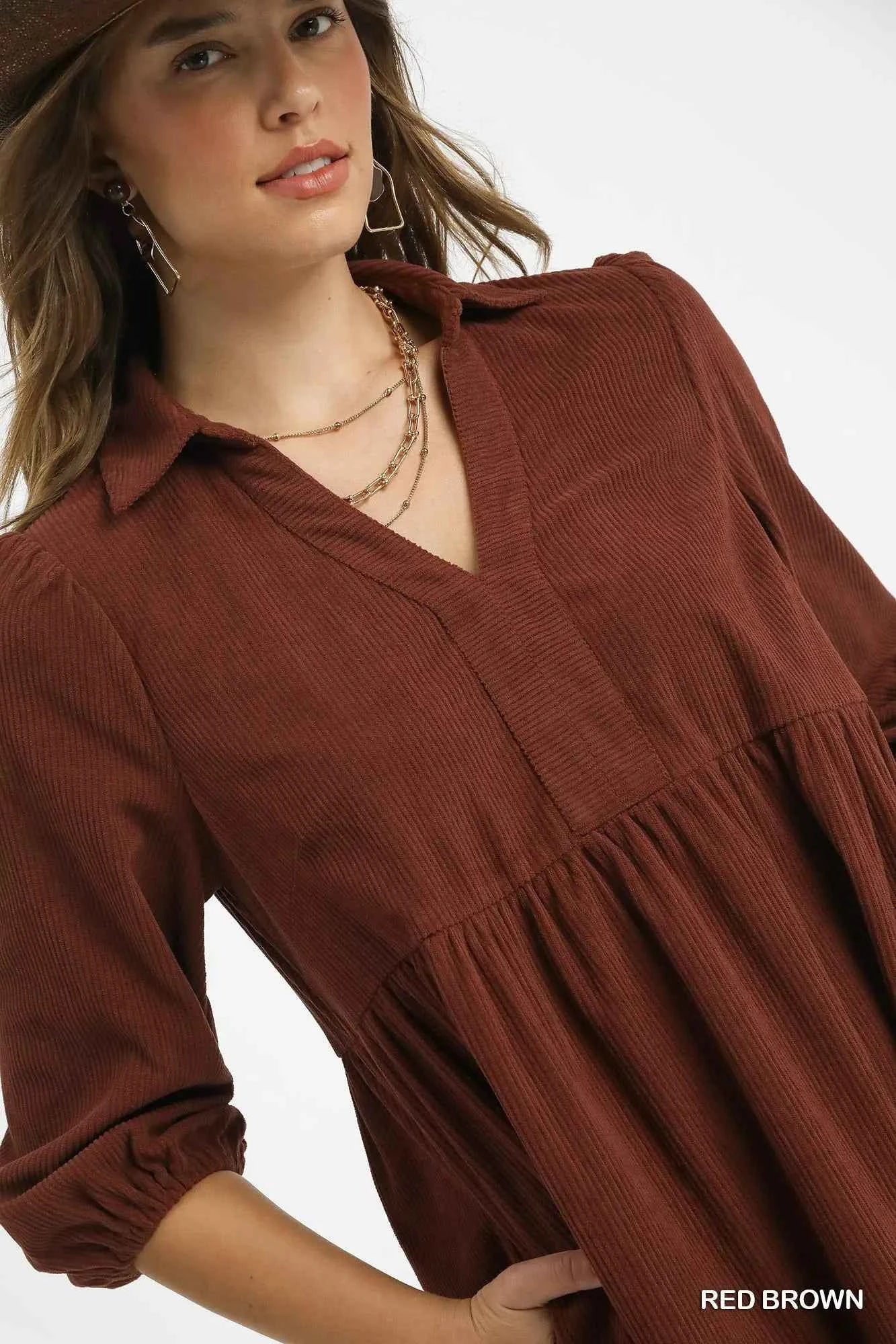 Umgee Tiered Corduroy Mini Dress with Balloon Sleeves Umgee Tiered Corduroy Mini Dress with Balloon Sleeves