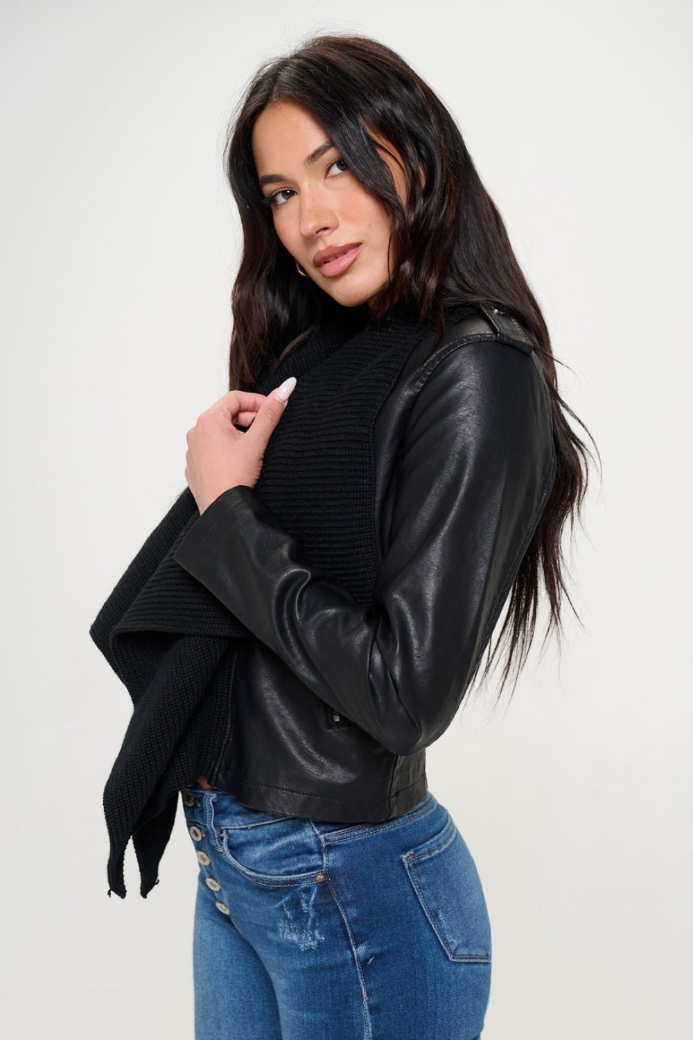 Coalition LA Knit Collared Faux Leather Crop Jacket Coalition LA Knit Collared Faux Leather Crop Jacket - TopFashionHQ