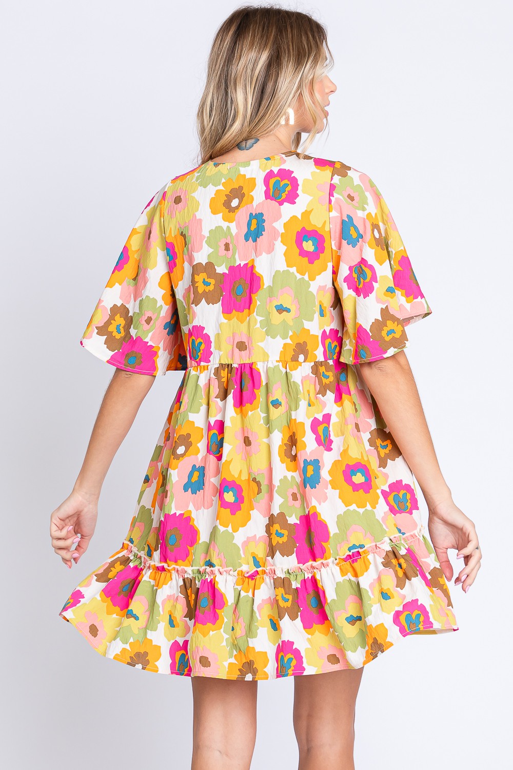 GeeGee Full Size Floral V-Neck Ruffle Trim Mini Dress GeeGee Full Size Floral V-Neck Ruffle Trim Mini Dress - TopFashionHQ