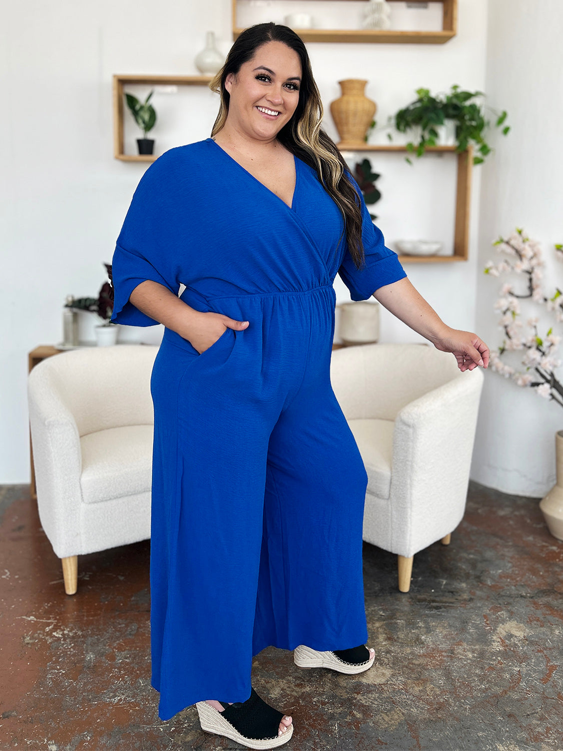 Double Take Full Size Surplice Wide Leg Jumpsuit with Pockets Double Take Full Size Surplice Wide Leg Jumpsuit with Pockets