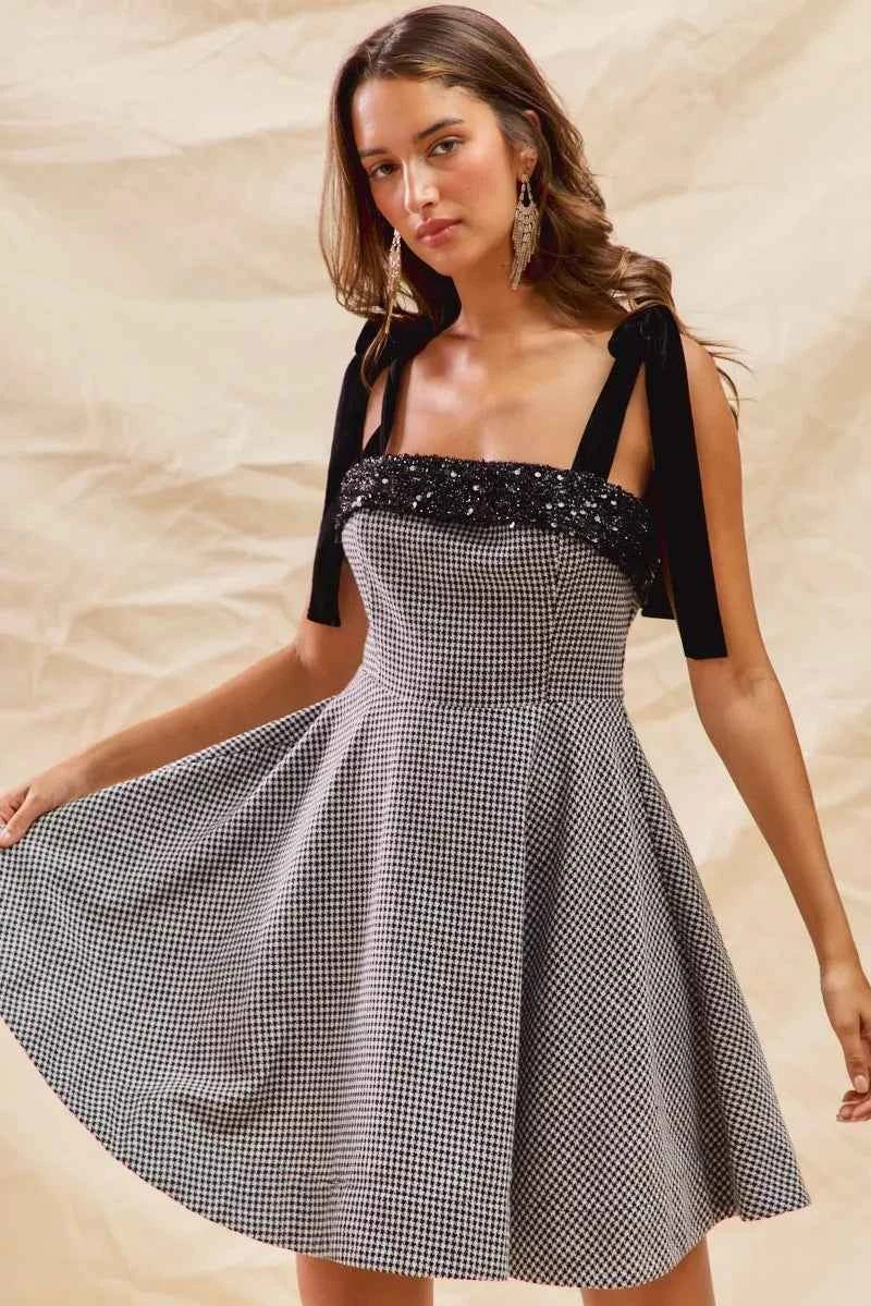 SO ME Houndstooth Fit Flare Mini Dress with Shoulder Tie SO ME Houndstooth Fit Flare Mini Dress with Shoulder Tie