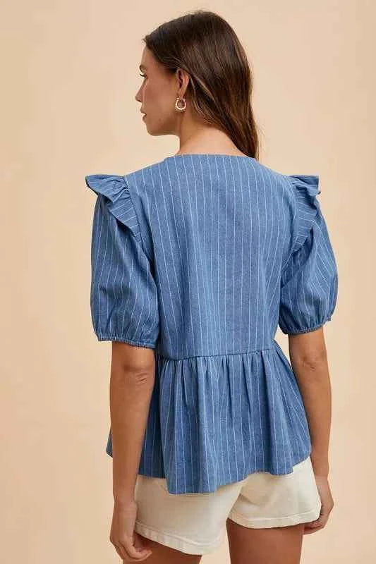 Annie Wear Stripe Front Bow Denim Peplum Blouse Annie Wear Stripe Front Bow Denim Peplum Blouse