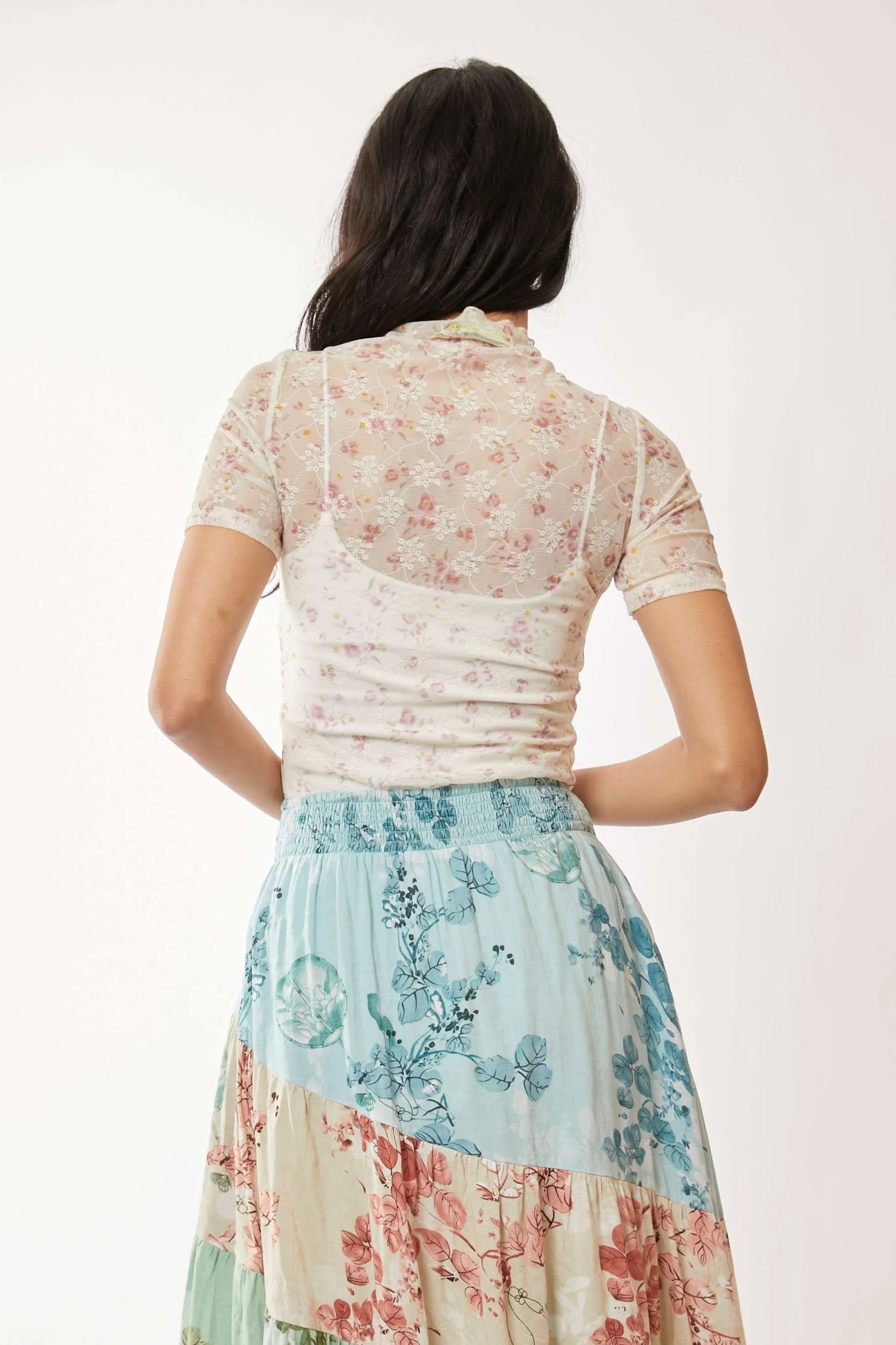 Davi & Dani Floral Mesh Mock Neck Short Sleeve Top eb02effdce97489483b3c996e7de97a8-Max-Origin