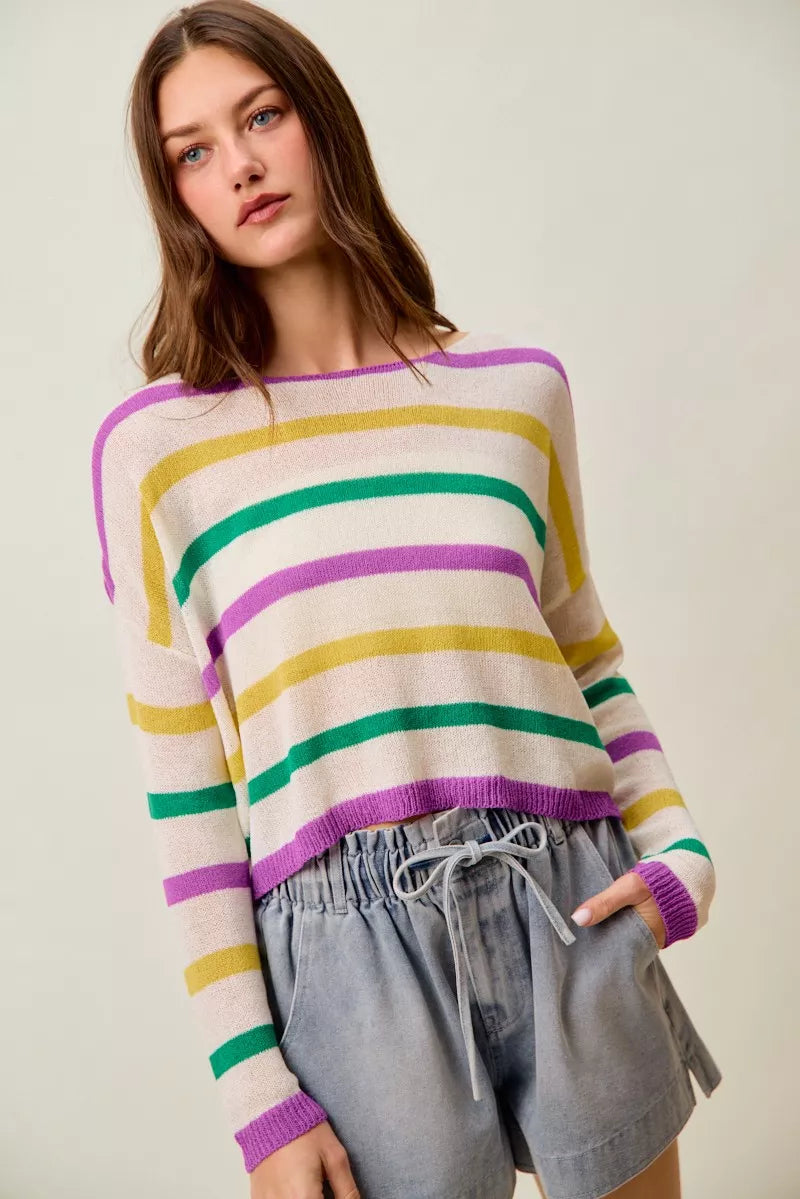 SO ME Mardi Gras Color Stripe Lightweight Sweater Top eb277bcab77e42f3a30331482143fc05-Max-Origin