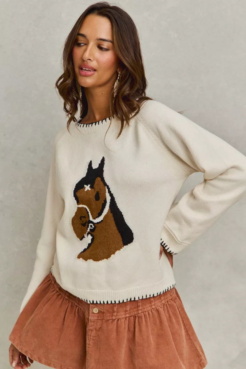 SO ME Horse Knit Sweater Top with Blanket Stitch eb6c5d1c138d4bf4ae63e831efc7a883-Max-Origin