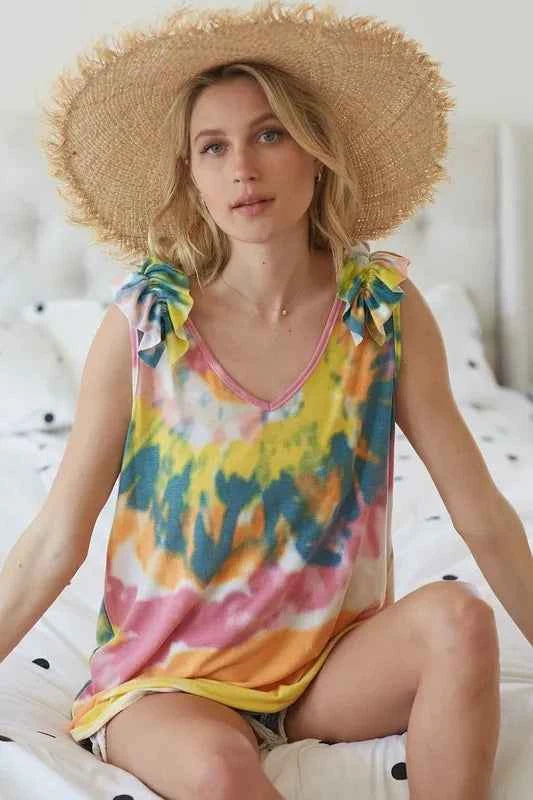 BiBi Circular Tie Dye Knit V Neck Top With Ruffle BiBi Circular Tie Dye Knit V Neck Top With Ruffle