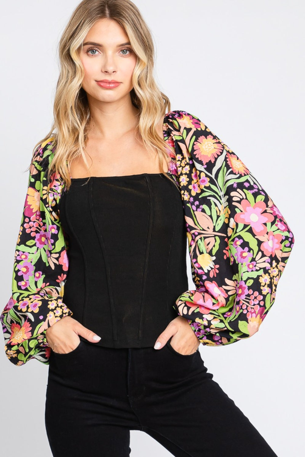 ODDI Full Size Floral Balloon Sleeve Blouse ODDI Full Size Floral Balloon Sleeve Blouse - TopFashionHQ
