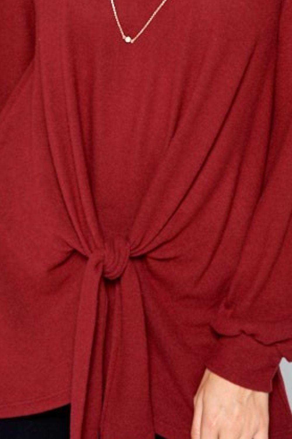 Super Lady Full Size Round Neck Knot Front Hacci Blouse Super Lady Full Size Round Neck Knot Front Hacci Blouse