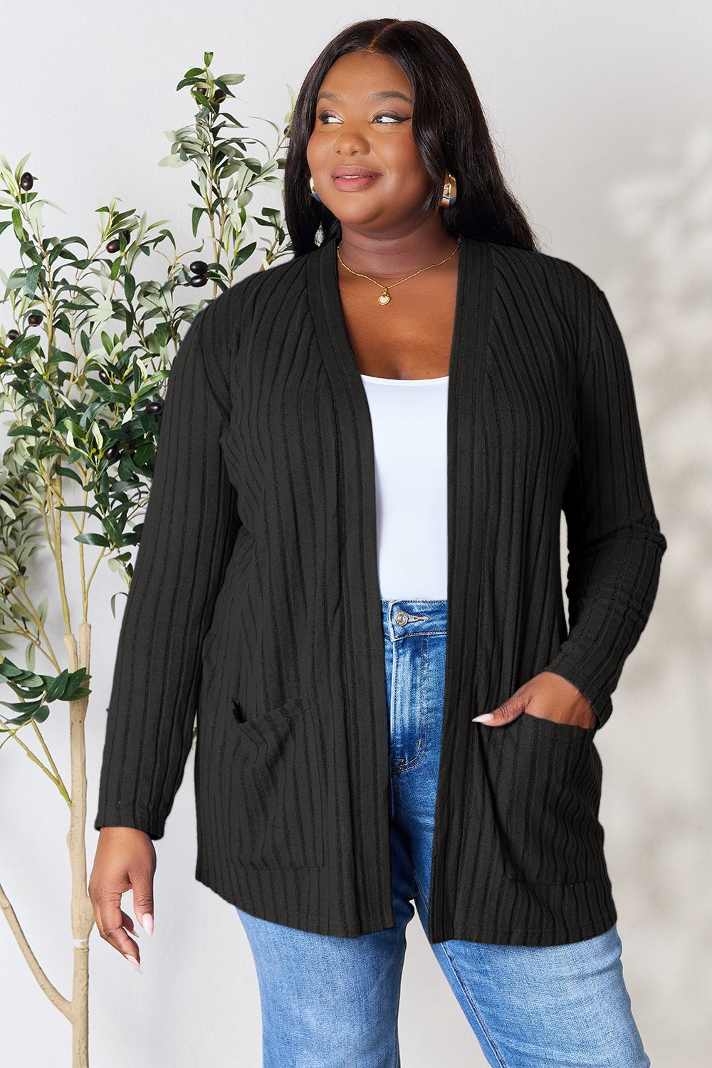 Basic Bae Full Size Ribbed Open Front Cardigan with Pockets Basic Bae Full Size Ribbed Open Front Cardigan with Pockets - TopFashionHQ