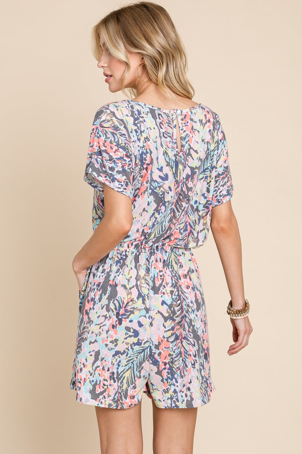 BOMBOM Printed Short Sleeve Drawstring Romper BOMBOM Printed Short Sleeve Drawstring Romper - TopFashionHQ