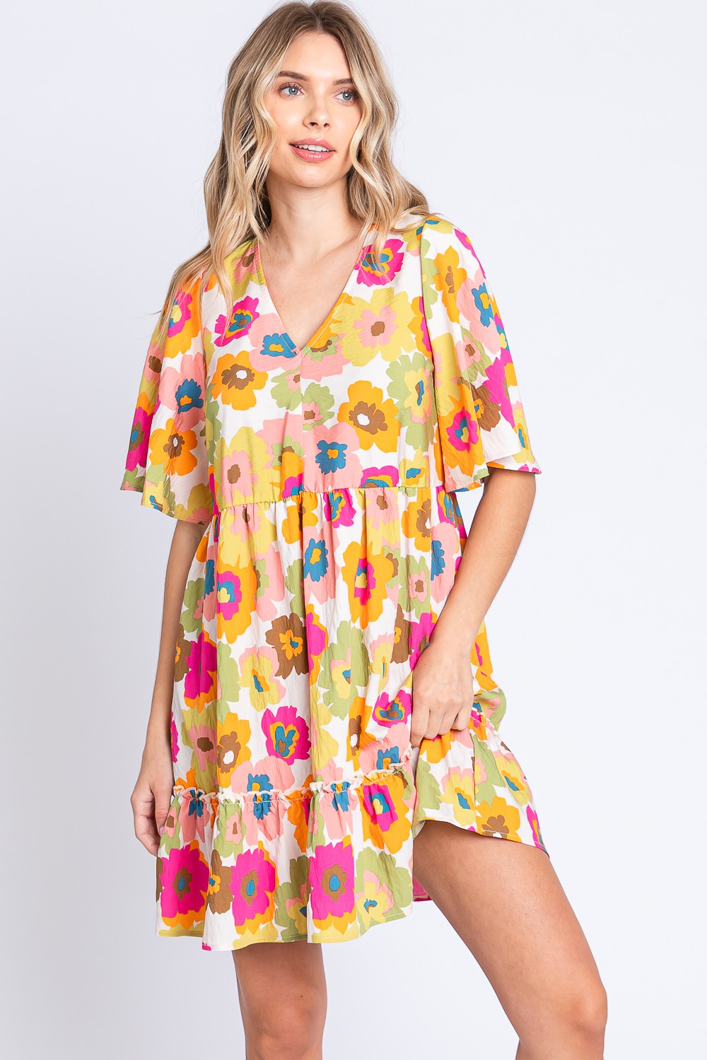 GeeGee Floral V-Neck Ruffle Hem Mini Dress GeeGee Floral V-Neck Ruffle Hem Mini Dress - TopFashionHQ