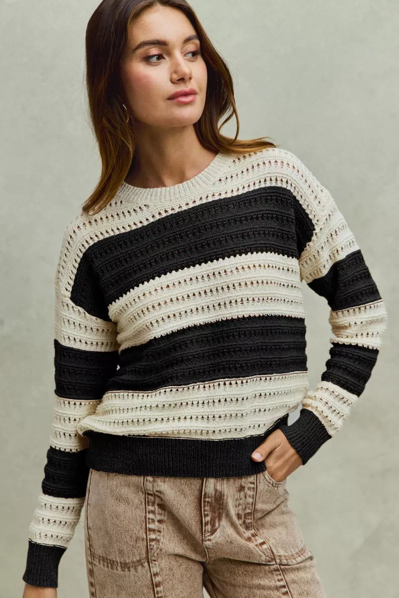 SO ME Openwork Round Neck Wide Stripe Textured Sweater ec0e15f6-5e0f-4dc5-8b04-b18d1a0277ba-Max-Origin