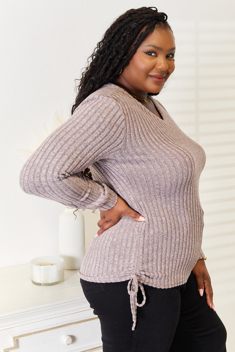 Double Take Drawstring Ribbed Long Sleeve T-Shirt Double Take Drawstring Ribbed Long Sleeve T-Shirt - TopFashionHQ