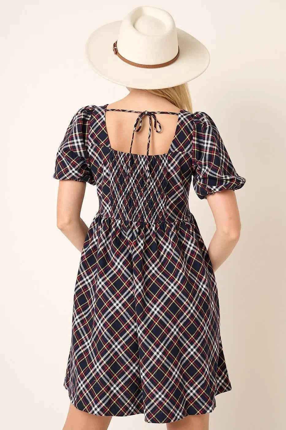 Mittoshop Checkered Print Puff Sleeve Babydoll Mini Dress Mittoshop Checkered Print Puff Sleeve Babydoll Mini Dress