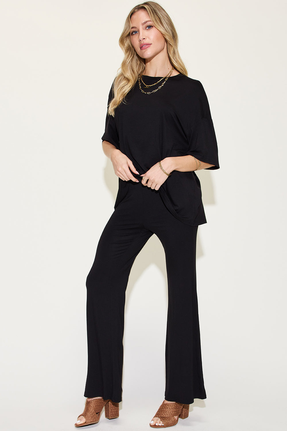 Basic Bae Full Size Bamboo Drop Shoulder T-Shirt and Flare Pants Set Basic Bae Full Size Bamboo Drop Shoulder T-Shirt and Flare Pants Set