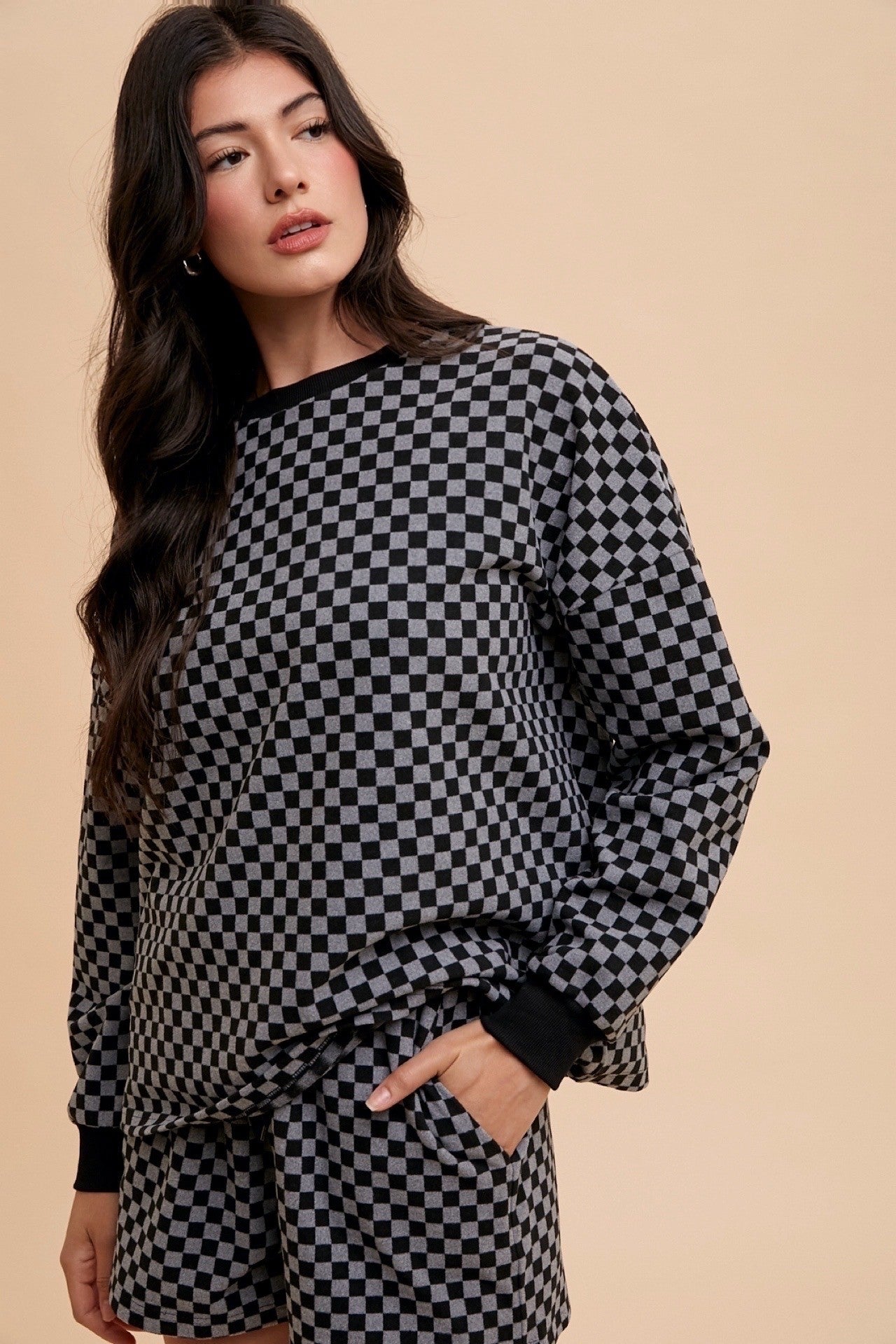 Annie Wear Checkered Round Neck Top and Drawstring Shorts Set Annie Wear Checkered Round Neck Top and Drawstring Shorts Set