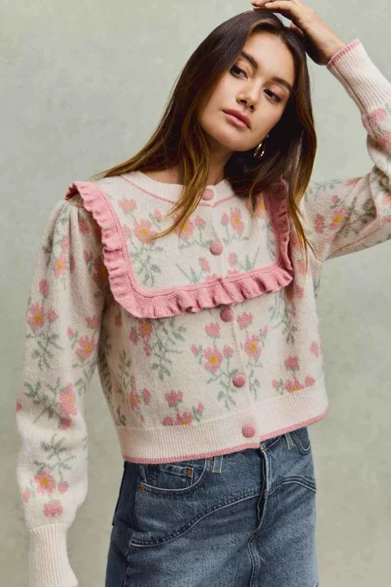 SO ME Flower With Ruffle Detailing Sweater Cardigan SO ME Flower With Ruffle Detailing Sweater Cardigan