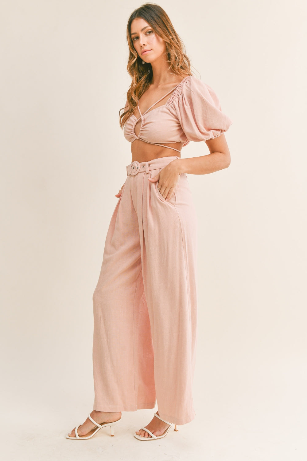 MABLE Cut Out Drawstring Crop Top and Belted Pants Set MABLE Cut Out Drawstring Crop Top and Belted Pants Set