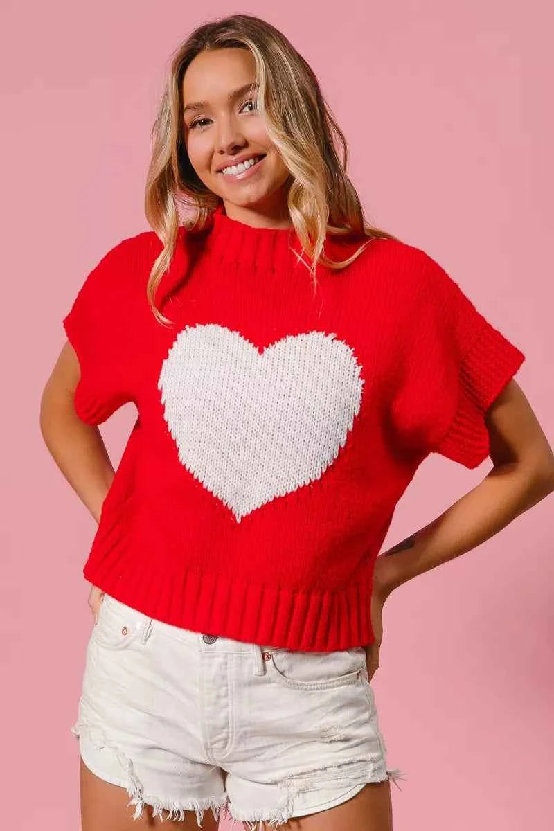 BiBi Rib Banded Heart Pattern Valentines Sweater BiBi Rib Banded Heart Pattern Valentines Sweater