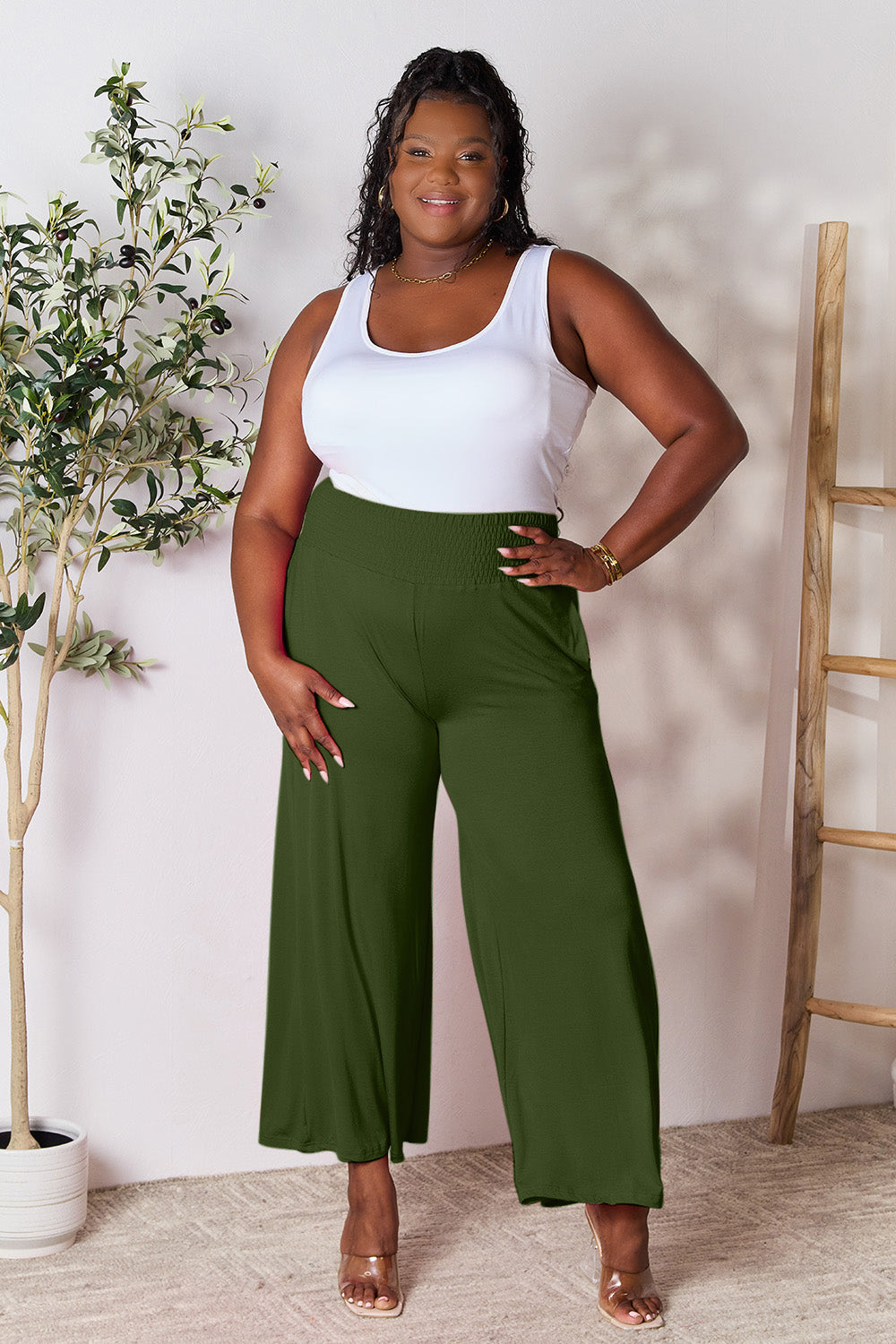 Double Take Full Size Smocked Wide Waistband Wide Leg Pants Double Take Full Size Smocked Wide Waistband Wide Leg Pants - TopFashionHQ