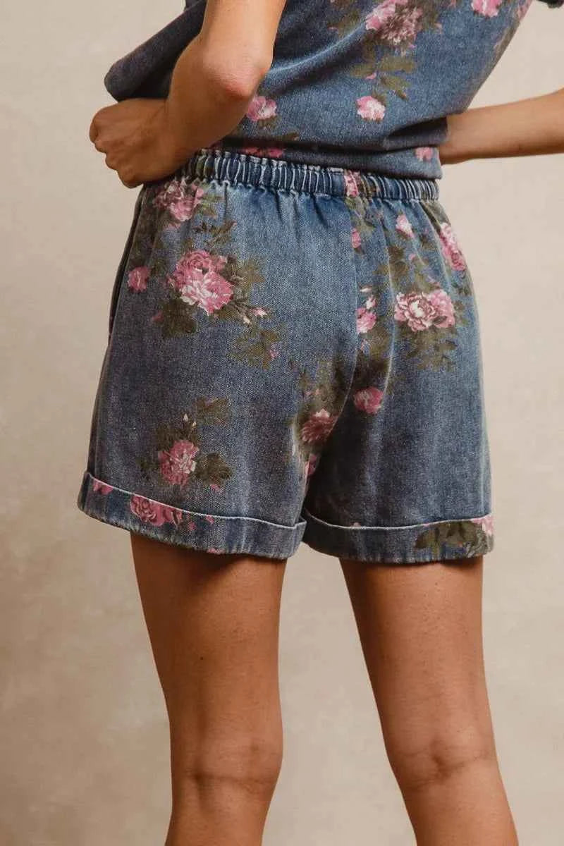 BiBi Floral Printed Denim Short Pants With Pocket BiBi Floral Printed Denim Short Pants With Pocket