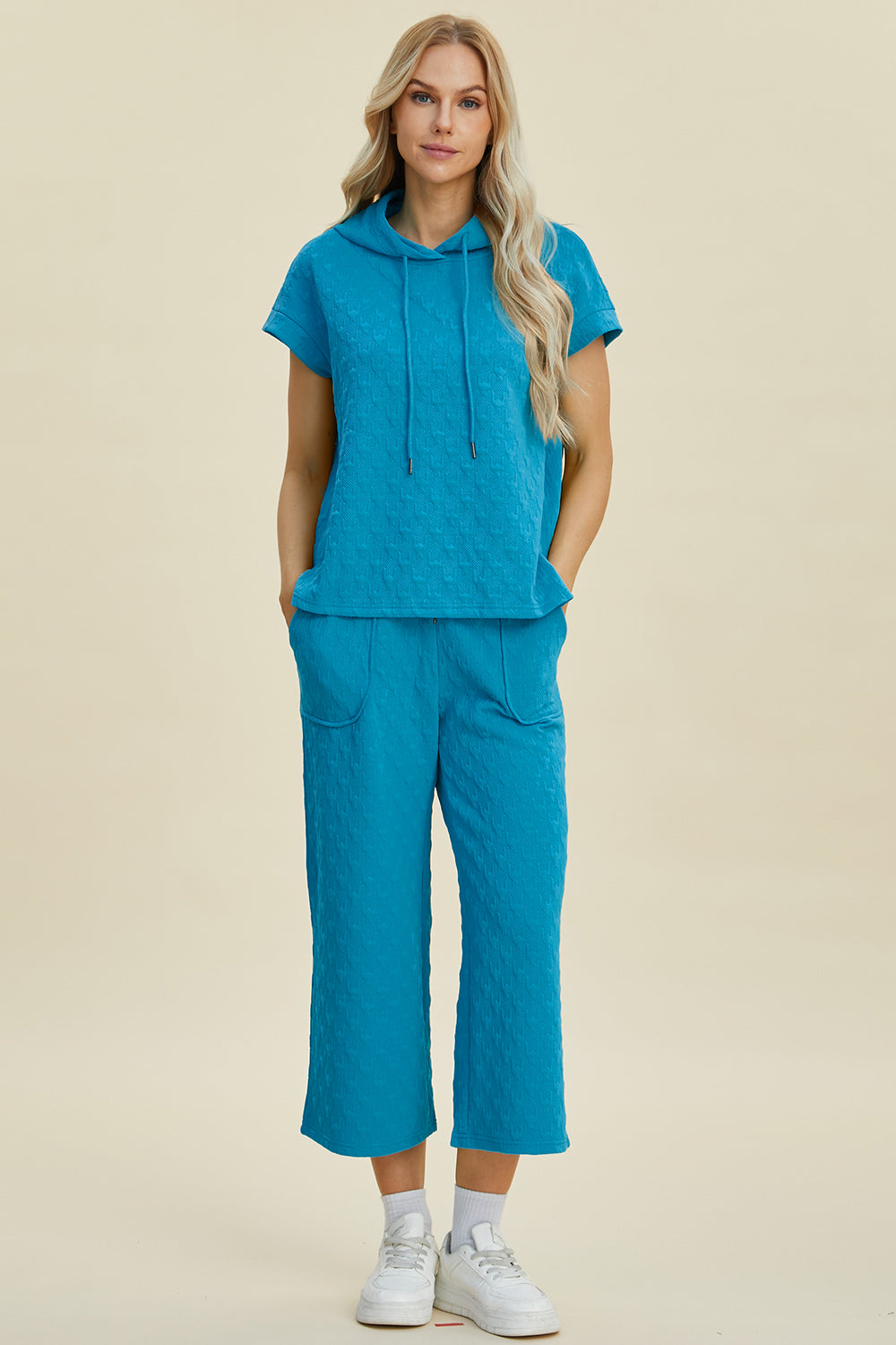 Double Take Full Size Texture Drawstring Short Sleeve Hoodie and Pocketed Pants Set Double Take Full Size Texture Drawstring Short Sleeve Hoodie and Pocketed Pants Set