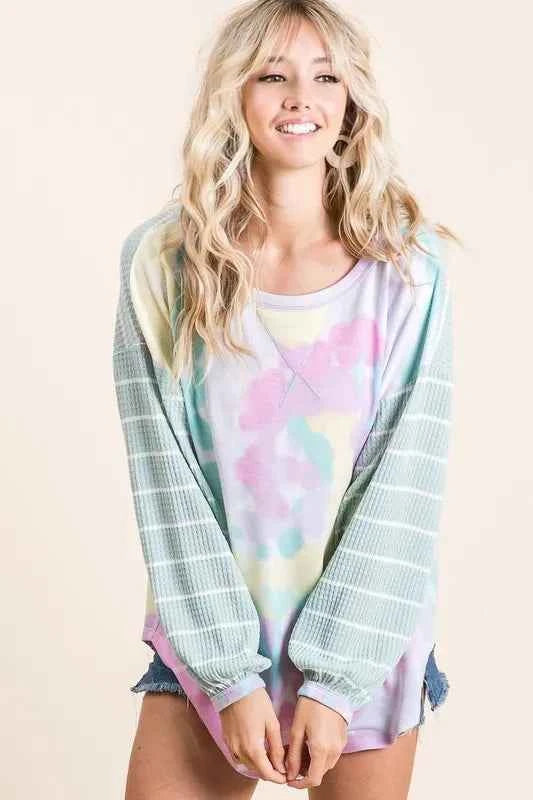 BiBi Tie Dye Terry Top with Wide Stripe Thermal Waffle BiBi Tie Dye Terry Top with Wide Stripe Thermal Waffle