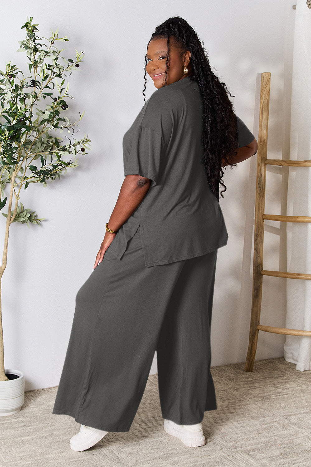 Double Take Full Size Round Neck Slit Top and Pants Set Double Take Full Size Round Neck Slit Top and Pants Set - TopFashionHQ