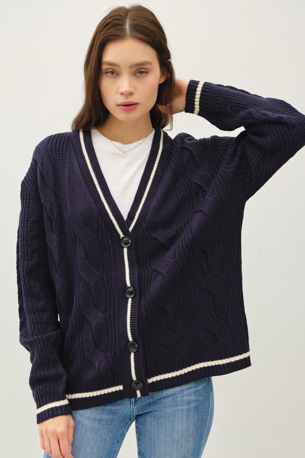 Be Cool Contrast Trim Cable-Knit V-Neck Cardigan Be Cool Contrast Trim Cable-Knit V-Neck Cardigan