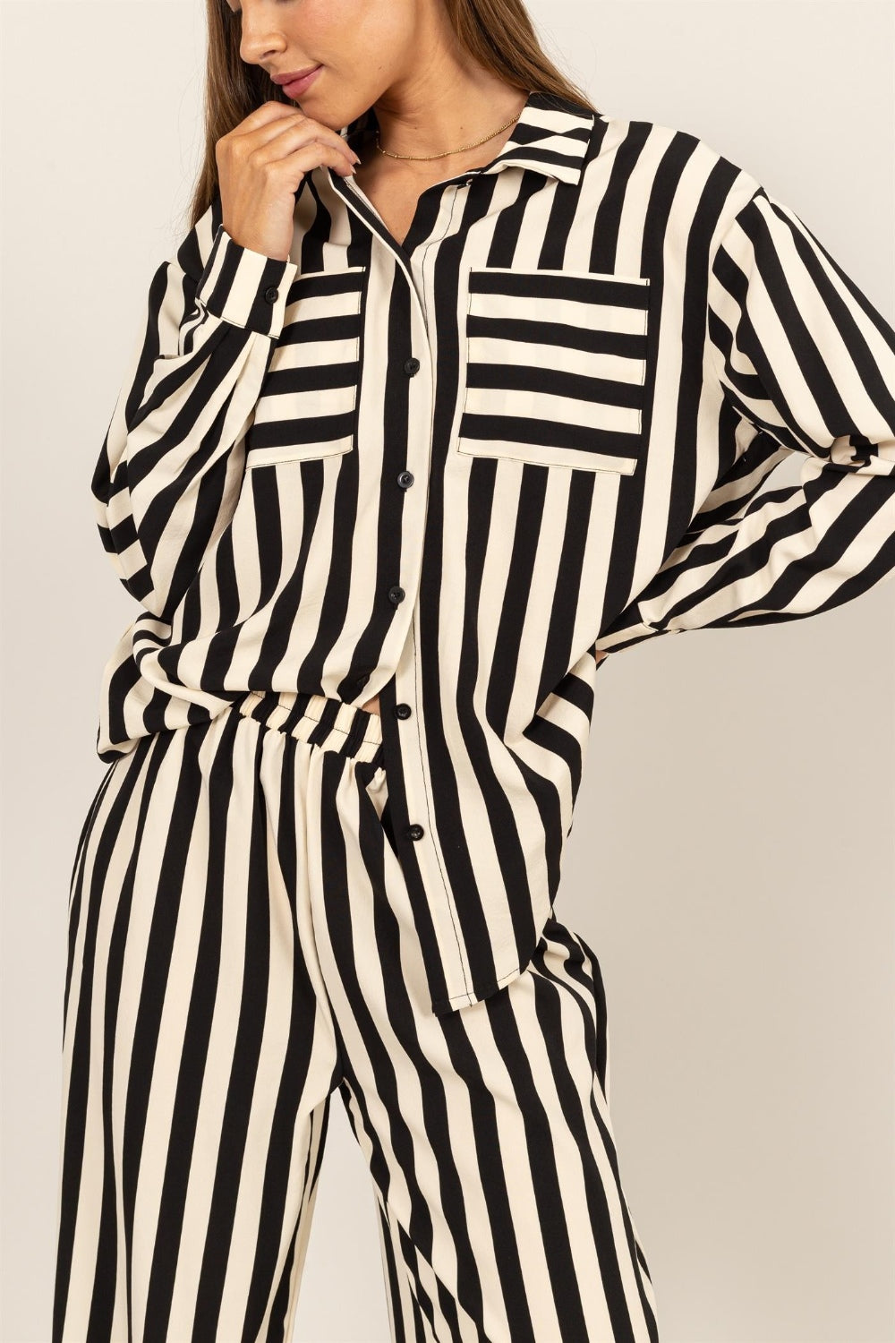 HYFVE Striped Button Up Shirt and Pants Set HYFVE Striped Button Up Shirt and Pants Set - TopFashionHQ