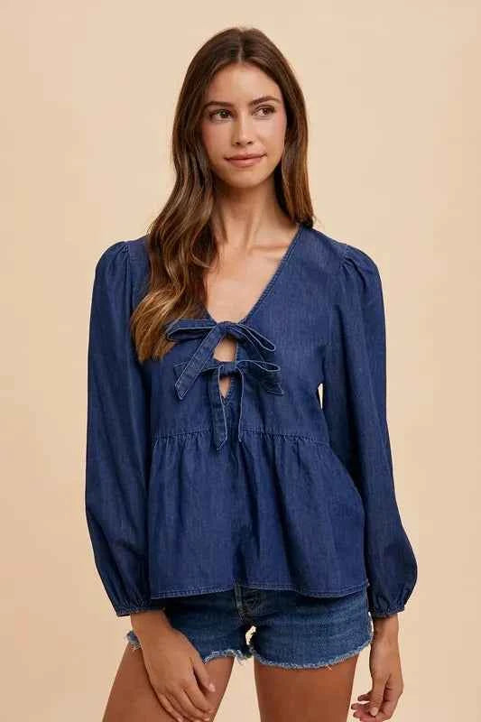 Annie Wear Tie Front Peplum Long Sleeve Denim Top Annie Wear Tie Front Peplum Long Sleeve Denim Top