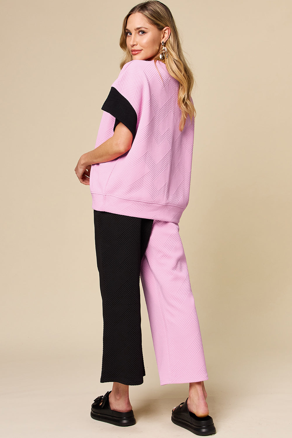Double Take Full Size Texture Contrast T-Shirt and Wide Leg Pants Set Double Take Full Size Texture Contrast T-Shirt and Wide Leg Pants Set