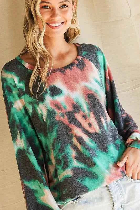 BiBi Tie Dye Print Terry Top with Puff Sleeves BiBi Tie Dye Print Terry Top with Puff Sleeves