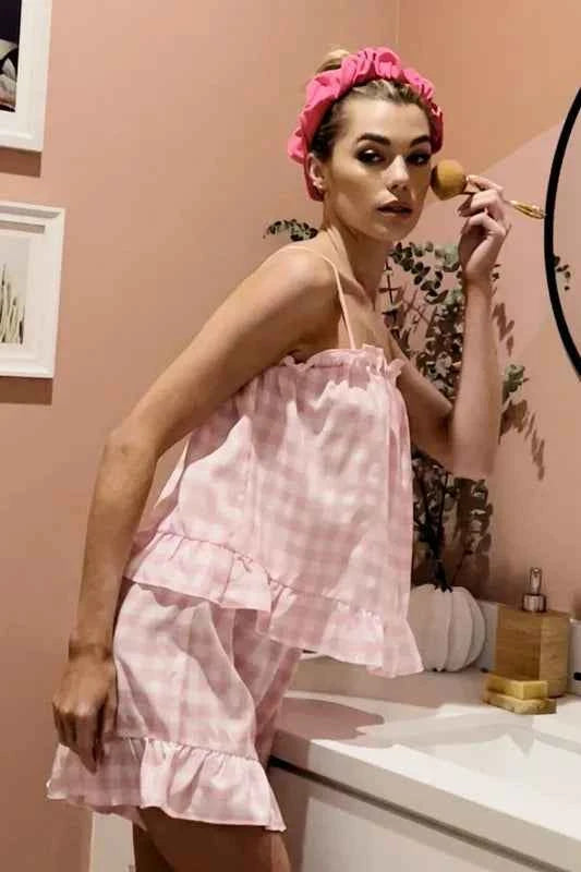 Lime 'N' Chili Gingham Ruffle Trim Cami and Shorts Pajama Set Lime 'N' Chili Gingham Ruffle Trim Cami and Shorts Pajama Set