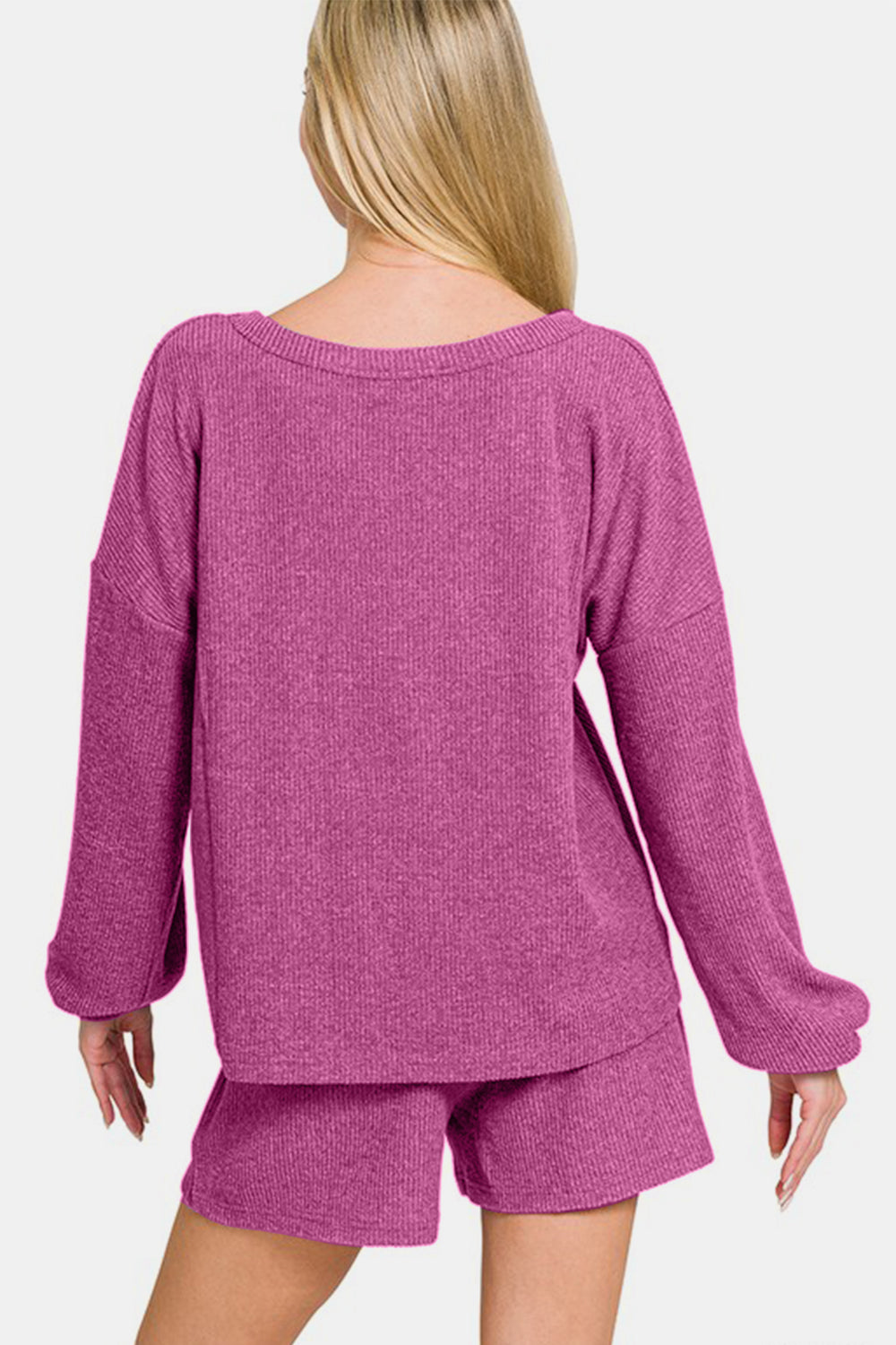 Zenana V-Neck Long Sleeve Ribbed Top and Shorts Set Zenana V-Neck Long Sleeve Ribbed Top and Shorts Set - TopFashionHQ