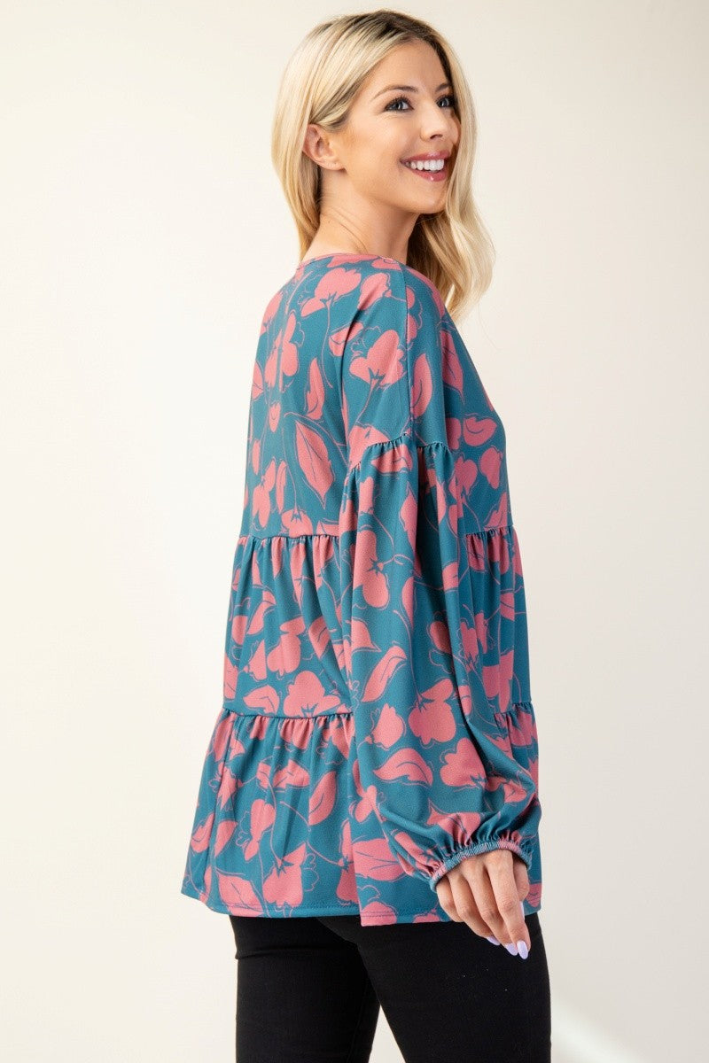 Celeste Full Size Tiered Floral V-Neck Long Sleeve Blouse Celeste Full Size Tiered Floral V-Neck Long Sleeve Blouse