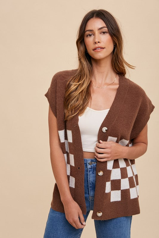 Annie Wear Checkered Button Down Short Sleeve Cardigan Annie Wear Checkered Button Down Short Sleeve Cardigan