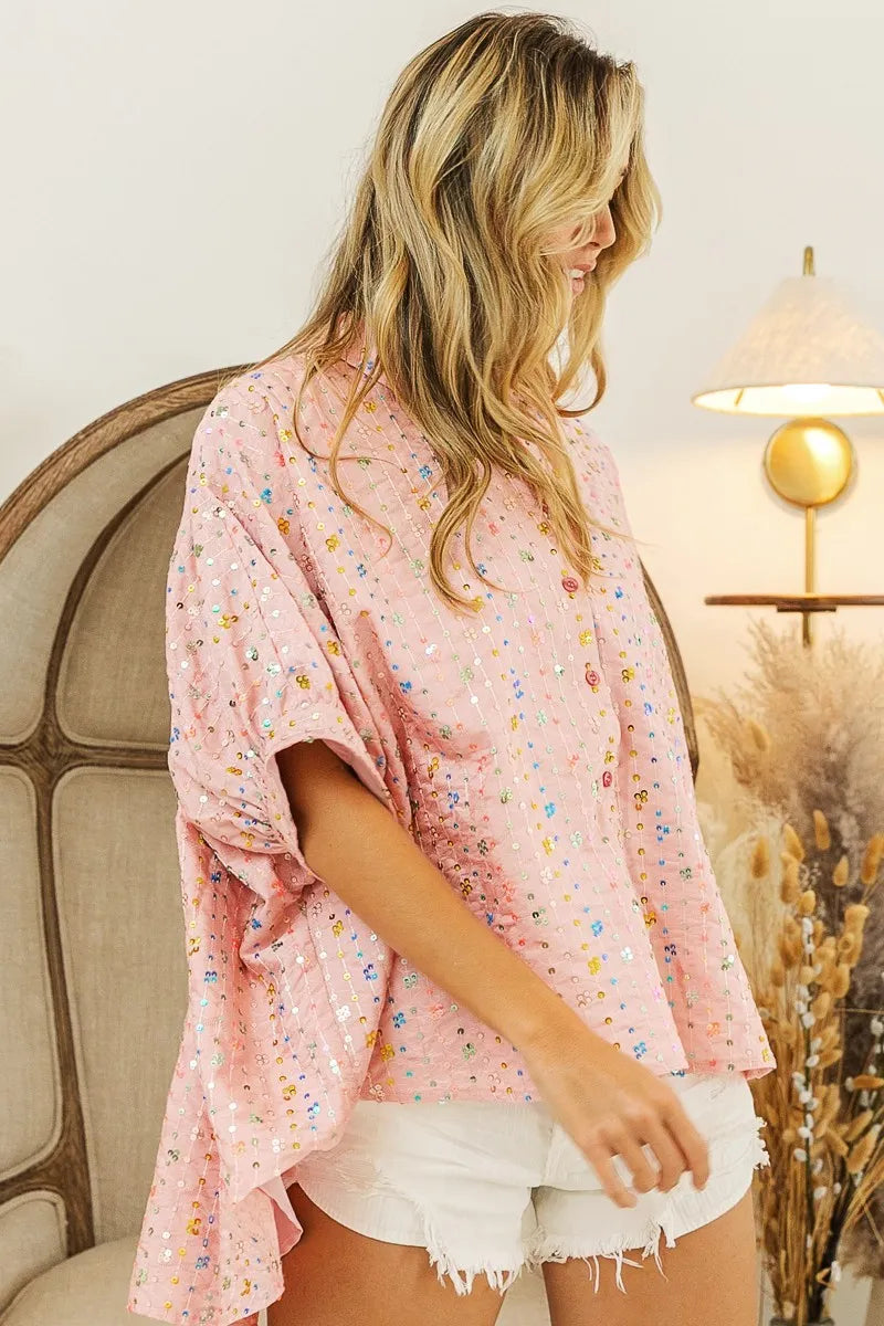 BiBi Sequin Striped Short Dolman Sleeve Blouse ed2b5990c442482ab330292f442ecda6-Max-Origin