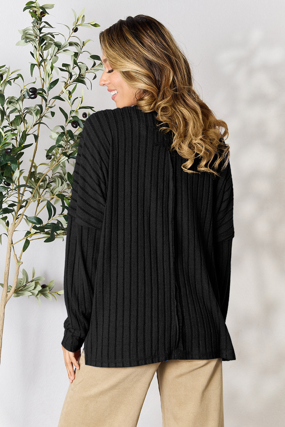 Basic Bae Full Size Ribbed Round Neck Slit Knit Top Basic Bae Full Size Ribbed Round Neck Slit Knit Top - TopFashionHQ