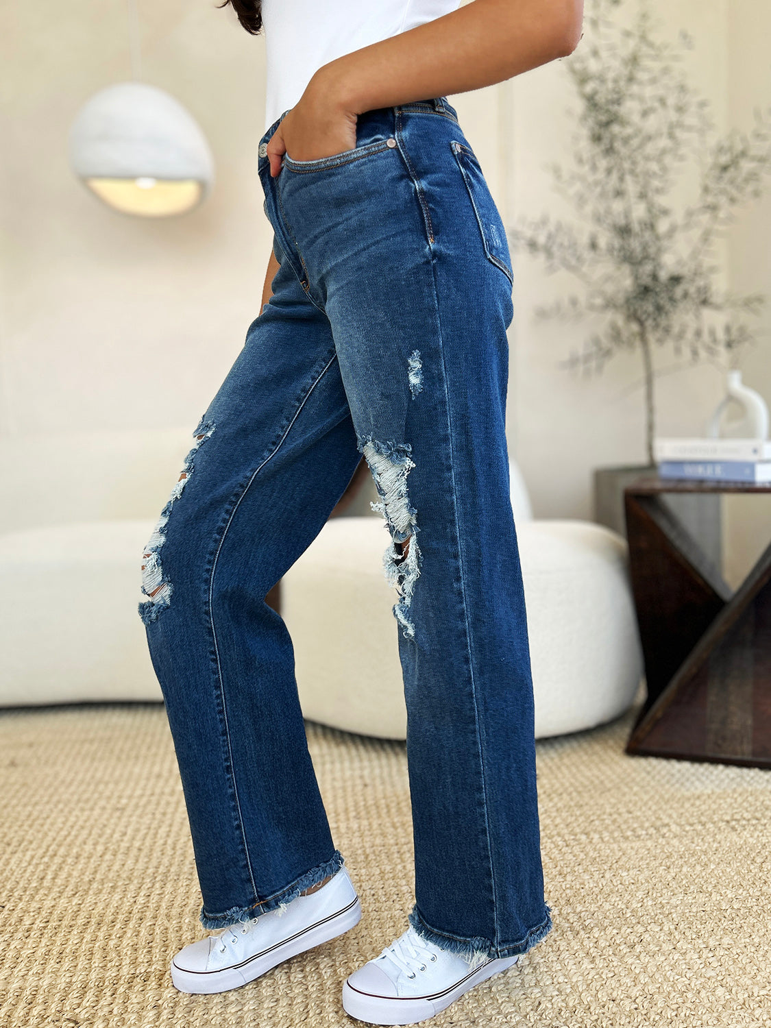 Judy Blue Full Size Mid Rise Distressed Raw Hem Jeans Judy Blue Full Size Mid Rise Distressed Raw Hem Jeans - TopFashionHQ