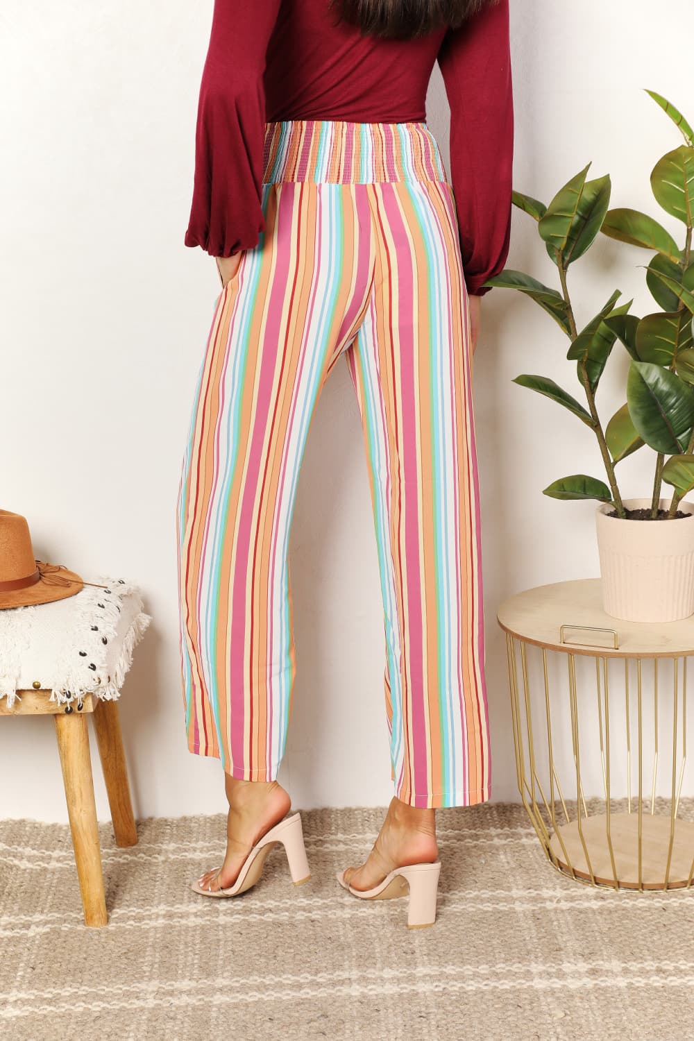Double Take Striped Smocked Waist Pants with Pockets Double Take Striped Smocked Waist Pants with Pockets - TopFashionHQ