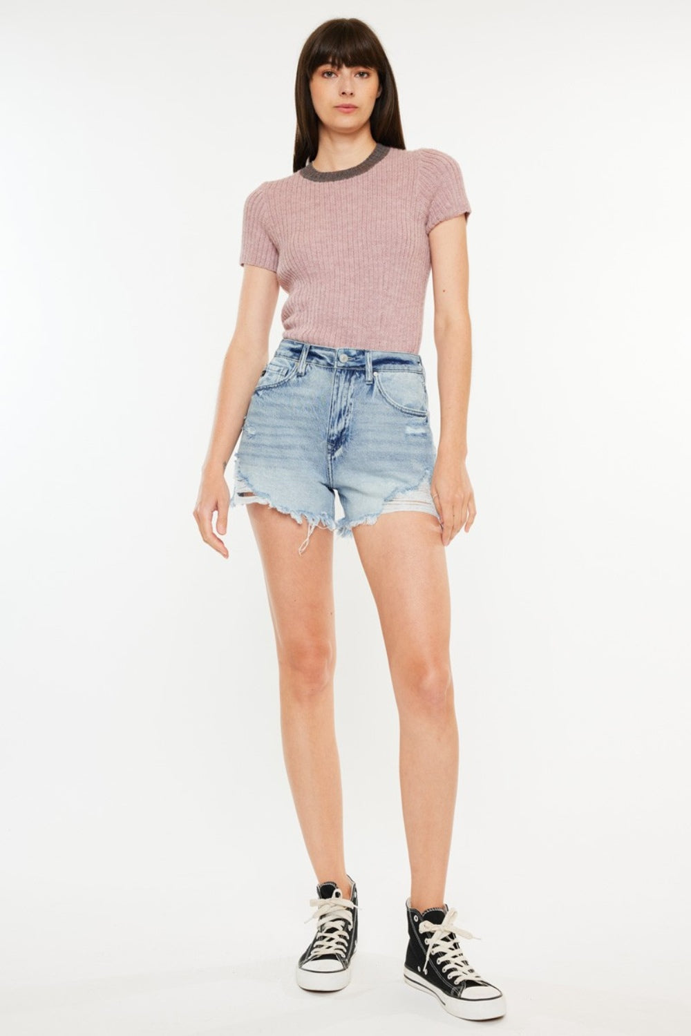 Kancan Distressed High Waist Denim Shorts with Pockets Kancan Distressed High Waist Denim Shorts with Pockets - TopFashionHQ