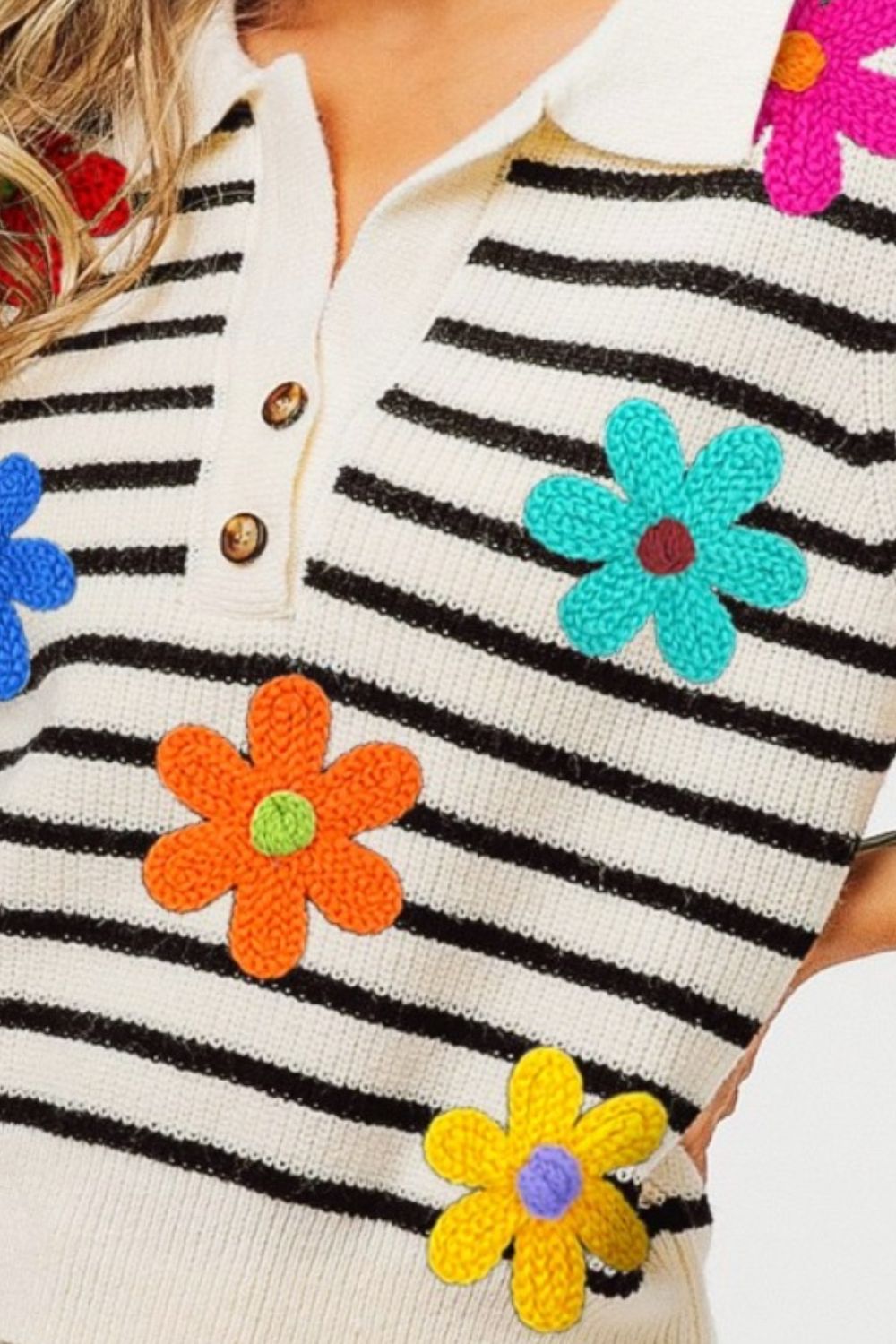 BiBi Flower Patch Striped Half Button Sweater Vest BiBi Flower Patch Striped Half Button Sweater Vest - TopFashionHQ