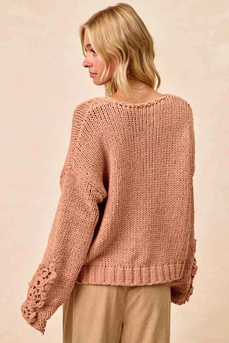 BiBi Chunky Knit Sweater with Flower Detail Sleeves BiBi Chunky Knit Sweater with Flower Detail Sleeves